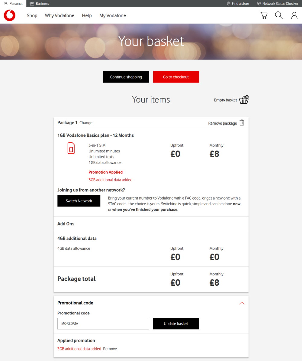 Vodafone Basics Voucher Code (March 2020) 8GB Data For £8/Month