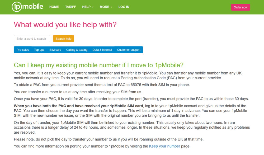 Providing your PAC Code to 1pMobile