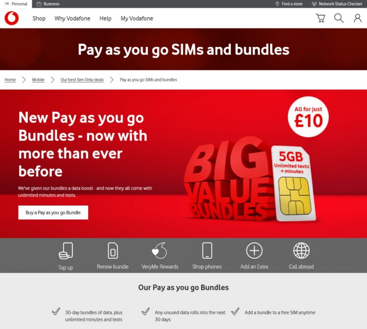 Vodafone Big Value Bundles: Pay As You Go Plans From £10/Month