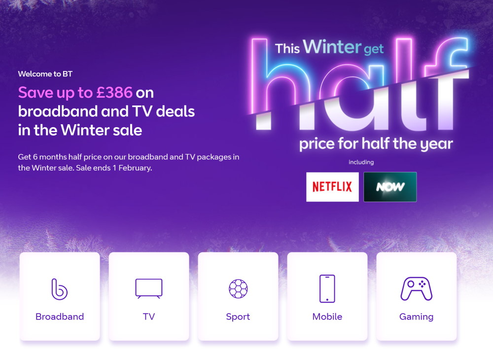 BT Winter Sale Save Up To £386 With 6 Months Half Price On Broadband